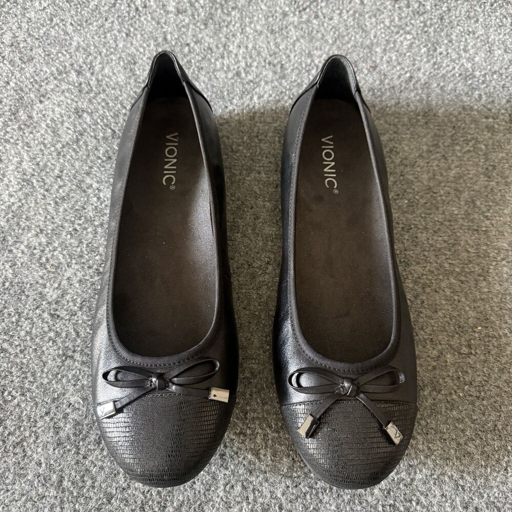 Vionic Minna Black Leather Ballet Flats Cap Toe Bow Comfort Arch Support Sz 10